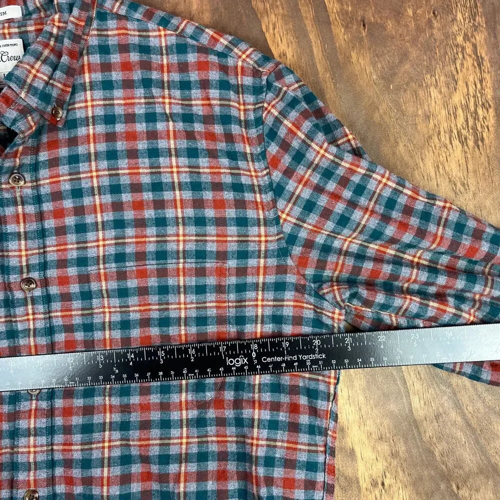 J Crew Mens Flannel Shirt Multicolor Green Gray Orange Plaid Slim Button Down L